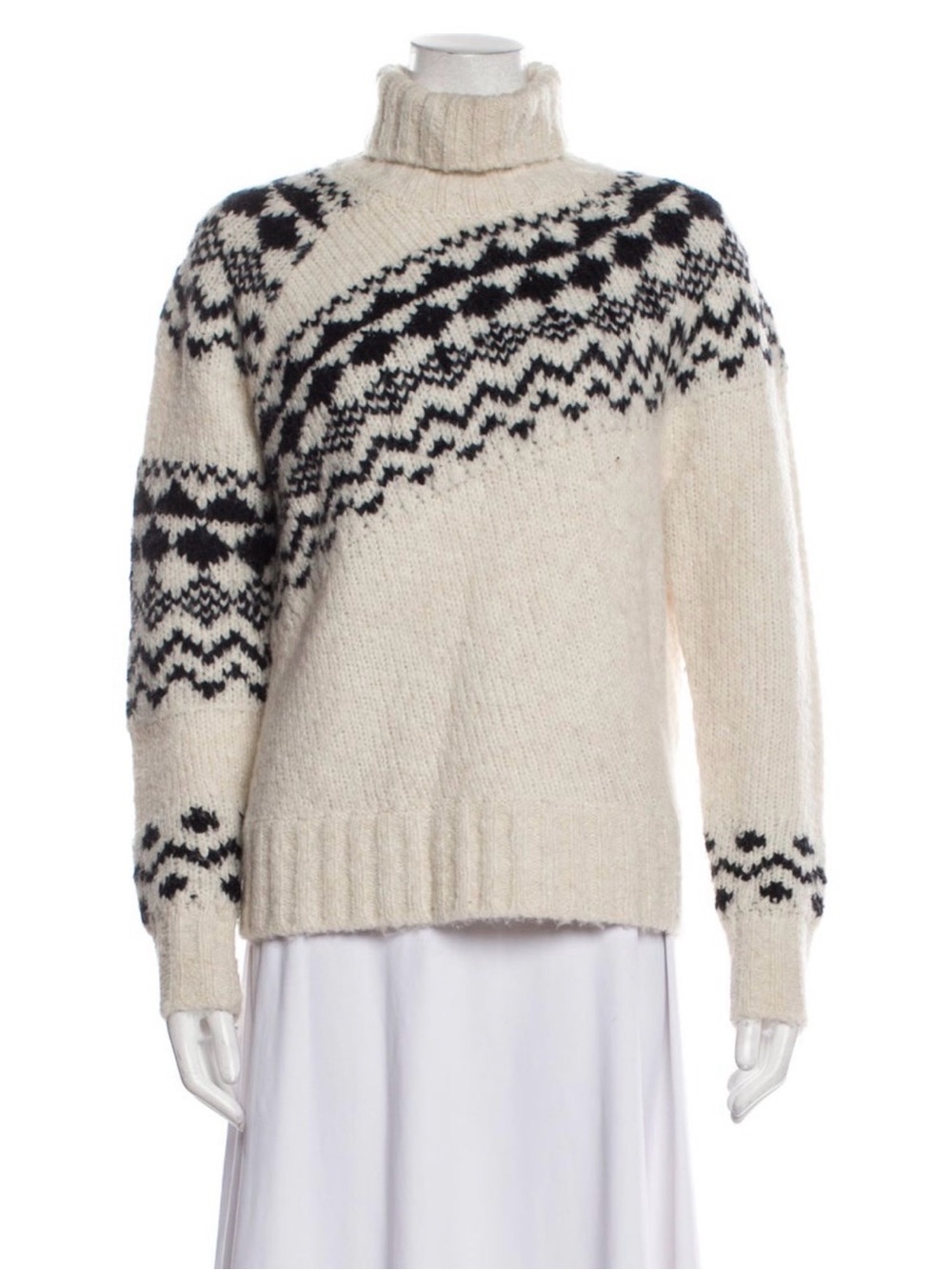 Derek Lam Cream and Black Nordic-Pattern Turtleneck Sweater